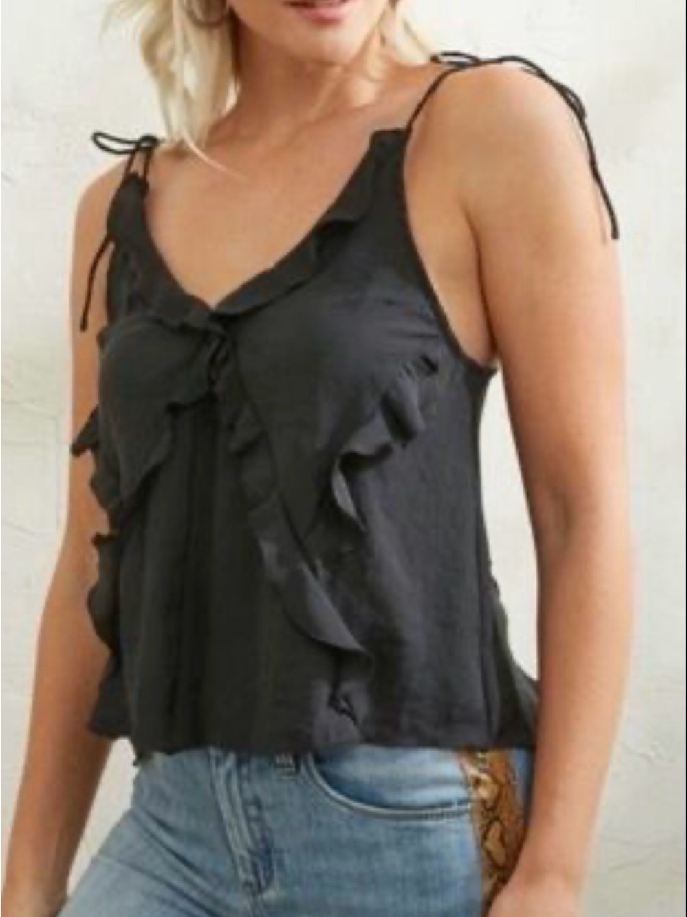 Free People Black Ruffle Tie-Shoulder Camisole
